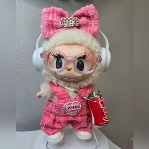Cute Labubu Outfit Pink Pantsuit with Headphones, Glasses,  and Coca-Cola Can